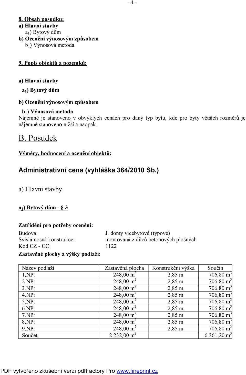 je nájemné stanoveno nižší a naopak. B. Posudek Výměry, hodnocení a ocenění objektů: Administrativní cena (vyhláška 364/2010 Sb.