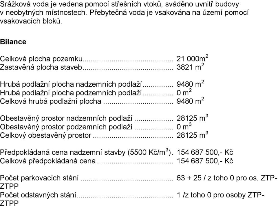 .. 0 m 2 Celková hrubá podlažní plocha... 9480 m 2 Obestavěný prostor nadzemních podlaží... 28125 m 3 Obestavěný prostor podzemních podlaží... 0 m 3 Celkový obestavěný prostor.