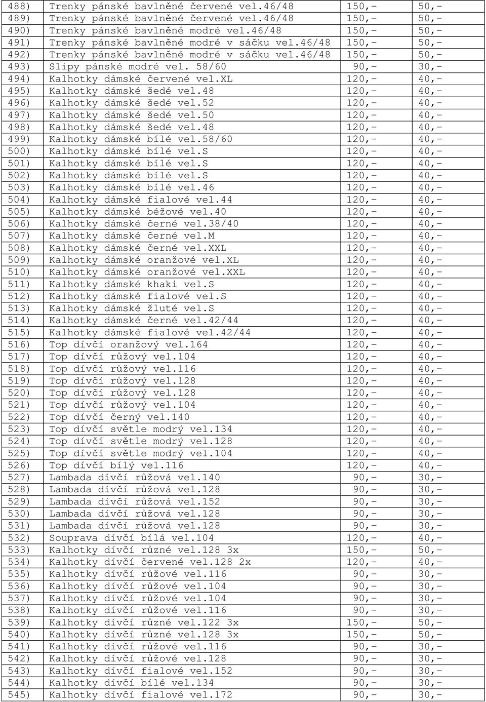 58/60 90,- 30,- 494) Kalhotky dámské ervené vel.xl 120,- 40,- 495) Kalhotky dámské šedé vel.48 120,- 40,- 496) Kalhotky dámské šedé vel.52 120,- 40,- 497) Kalhotky dámské šedé vel.