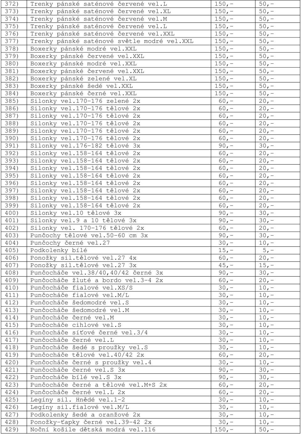 xxl 150,- 50,- 379) Boxerky pánské ervené vel.xxl 150,- 50,- 380) Boxerky pánské modré vel.xxl 150,- 50,- 381) Boxerky pánské ervené vel.xxl 150,- 50,- 382) Boxerky pánské zelené vel.