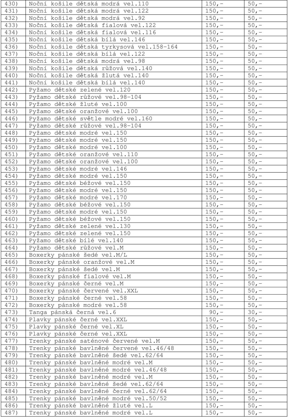 158-164 150,- 50,- 437) No ní košile d tská bílá vel.122 150,- 50,- 438) No ní košile d tská modrá vel.98 150,- 50,- 439) No ní košile d tská r žová vel.