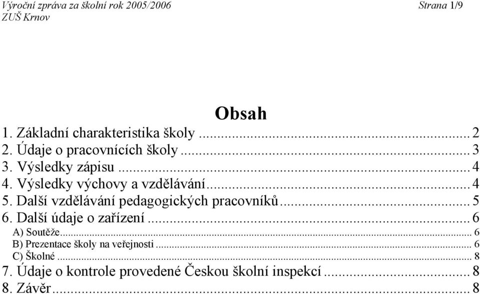 Další vzdělávání pedagogických pracovníků... 5 6. Další údaje o zařízení... 6 A) Soutěže.