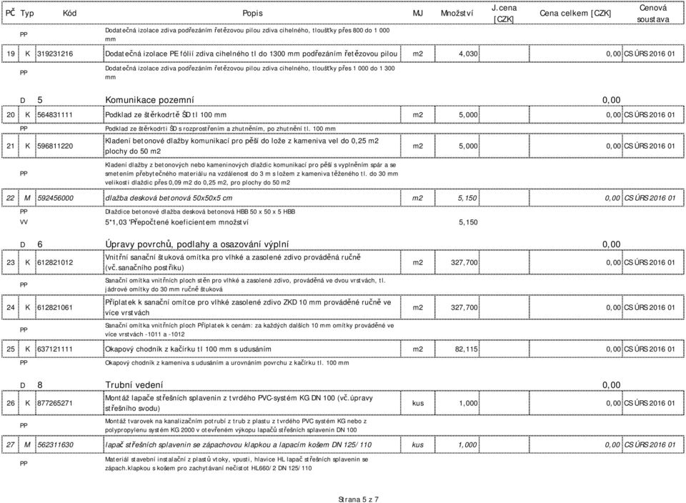 100 mm m2 5,000 0,00 CS ÚRS 2016 01 21 K 596811220 Podklad ze štěrkodrti ŠD s rozprostřením a zhutněním, po zhutnění tl.