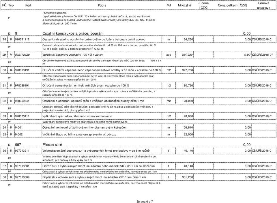 D 9 Ostatní konstrukce a práce, bourání 0,00 28 K 916331112 Osazení zahradního obrubníku betonového do lože z betonu s boční opěrou m 164,230 0,00 CS ÚRS 2016 01 Osazení zahradního obrubníku