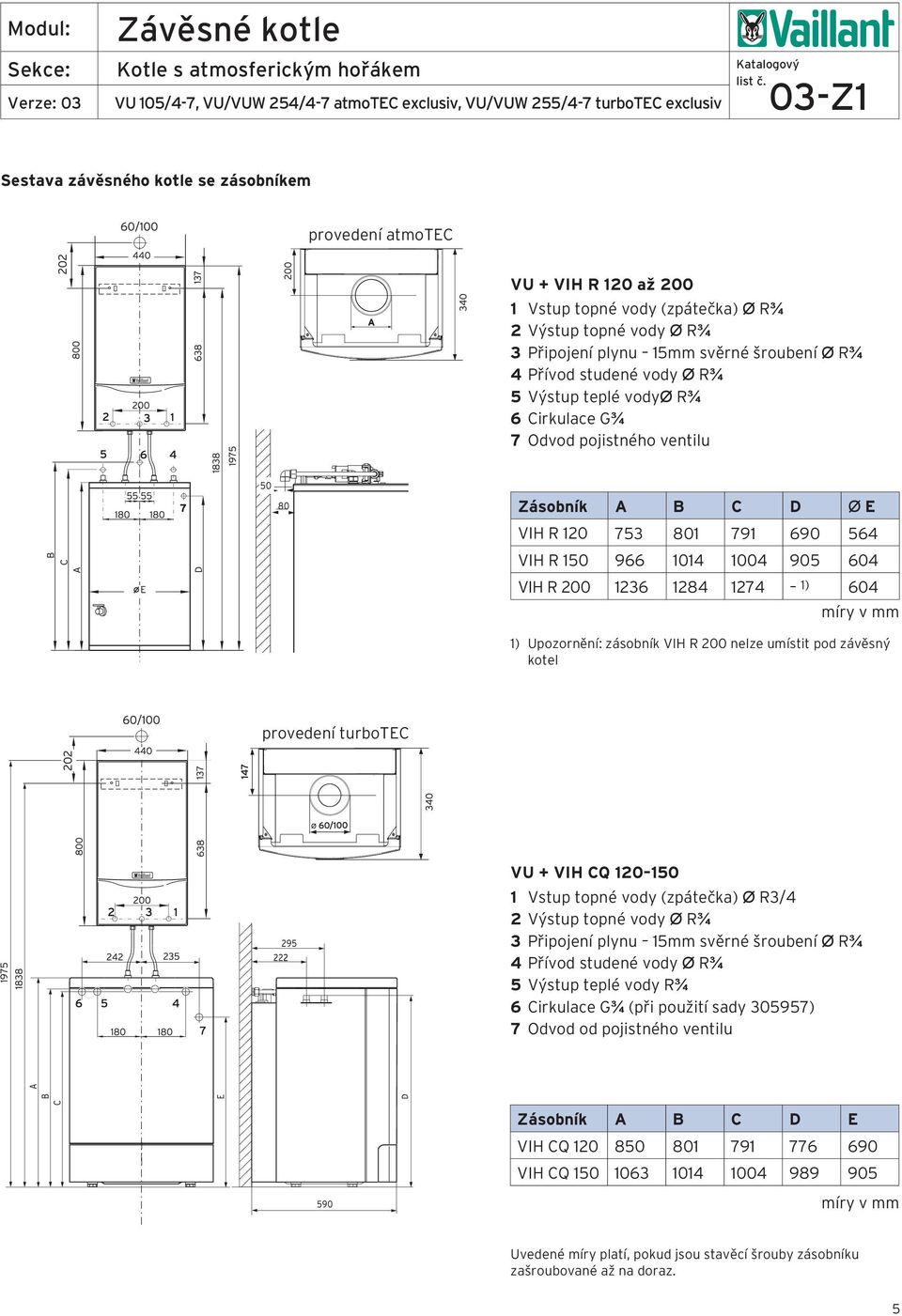 zásobník VIH R 200 nelze umístit pod závěsný kotel provedení turbotec VU + VIH CQ 120 1 Vstup topné vody (zpátečka) Ø R3/4 2 Výstup topné vody Ø R¾ 3 Připojení plynu 1 svěrné šroubení Ø R¾ 4 Přívod