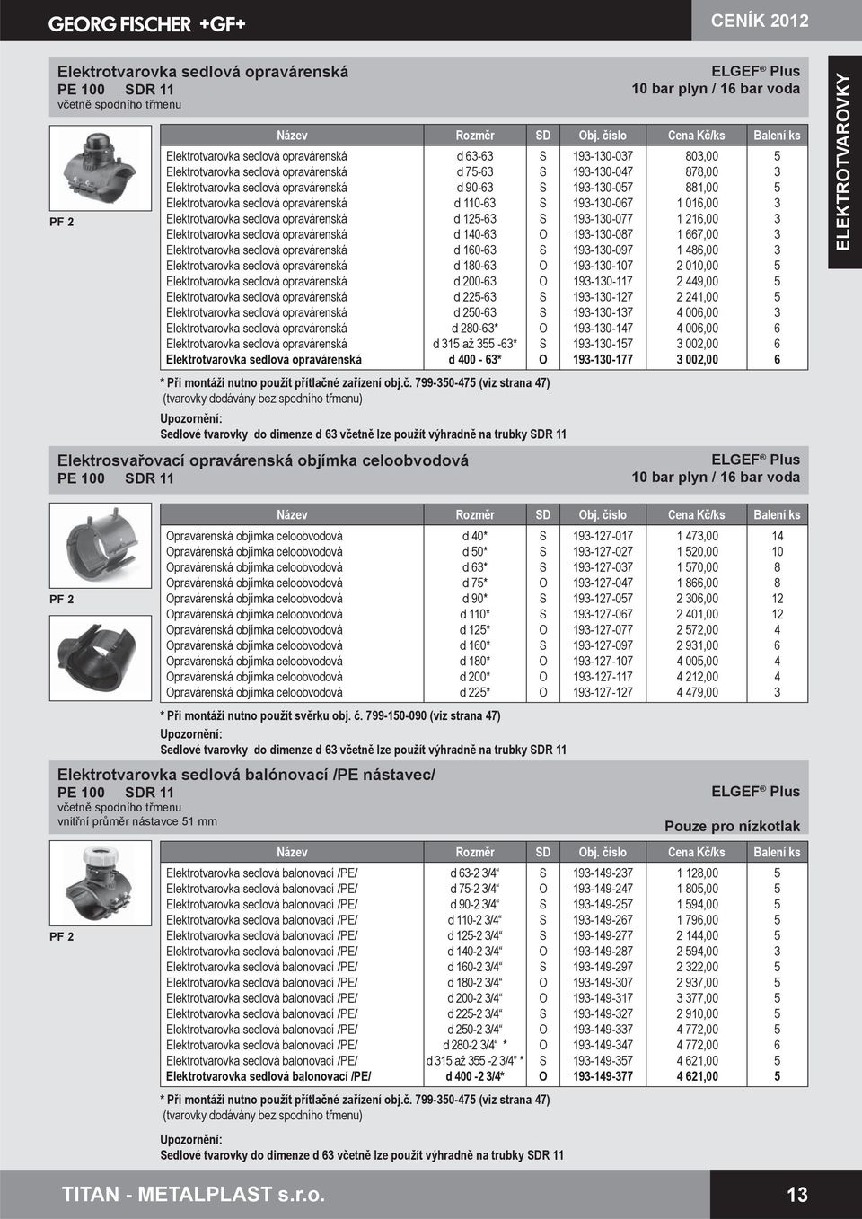 Elektrotvarovka sedlová opravárenská ELGEF Plus 0 bar plyn / bar voda Název Rozměr D bj.