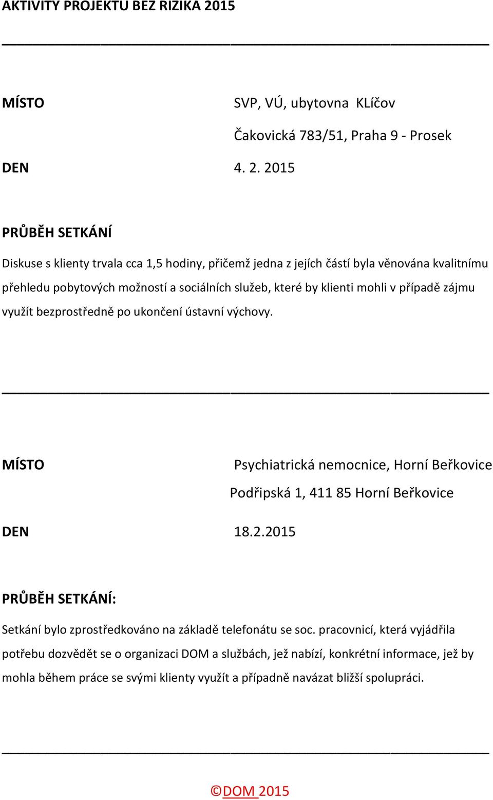 2015 Čakovická 783/51, Praha 9 - Prosek Diskuse s klienty trvala cca 1,5 hodiny, přičemž jedna z jejích částí byla věnována kvalitnímu přehledu pobytových možností a