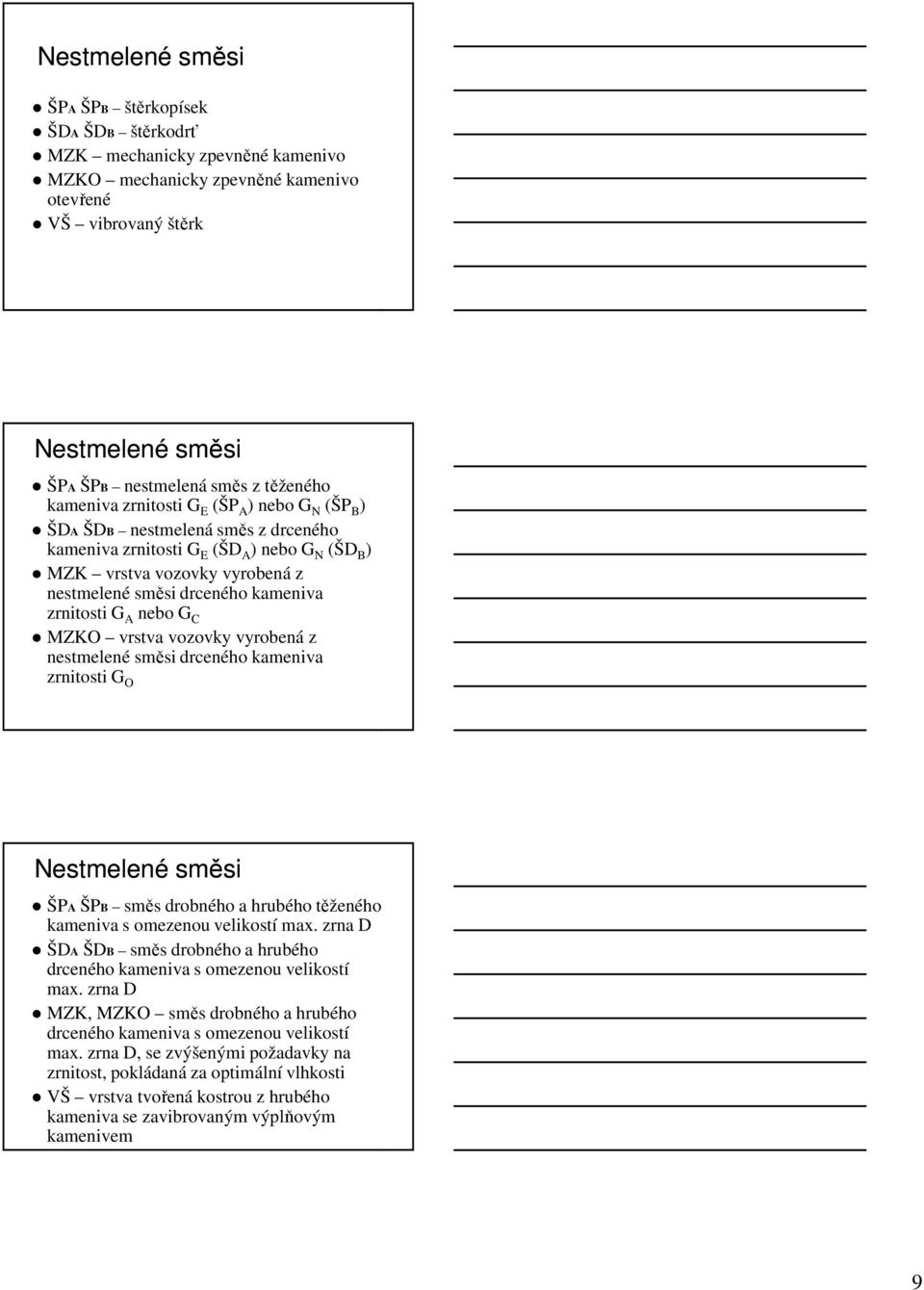 kameniva zrnitosti G A nebo G C MZKO vrstva vozovky vyrobená z nestmelené směsi drceného kameniva zrnitosti G O Nestmelené směsi ŠPA ŠPB směs drobného a hrubého těženého kameniva s omezenou velikostí