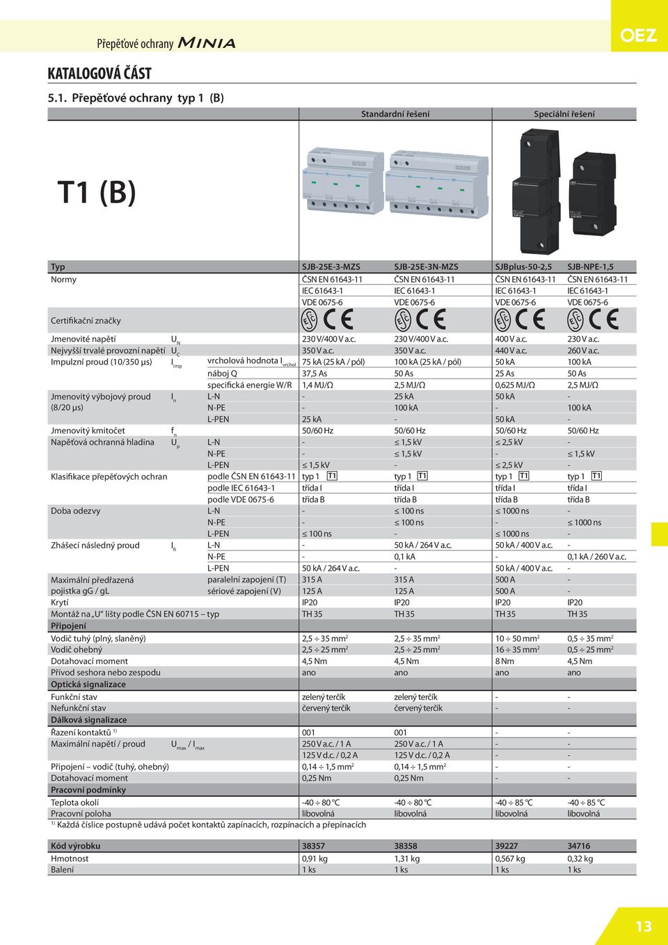 61643-1 IEC 61643-1 IEC 61643-1 IEC 61643-1 VDE 0675-6 VDE 0675-6 VDE 0675-6 VDE 0675-6 Certifikační značky Jmenovité napětí U N 230 V/400 V a.c. 230 V/400 V a.c. 400 V a.c. 230 V a.c. Nejvyšší trvalé provozní napětí U C 350 V a.