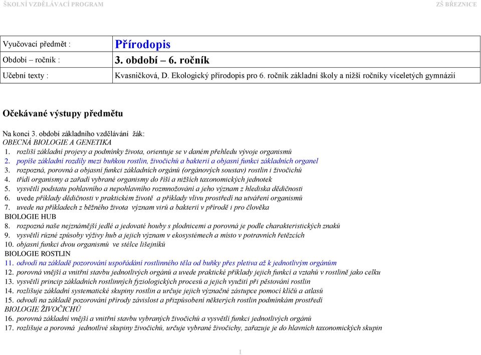 rozliší základní projevy a podmínky života, orientuje se v daném přehledu vývoje organismů 2. popíše základní rozdíly mezi buňkou rostlin, živočichů a bakterií a objasní funkci základních organel 3.
