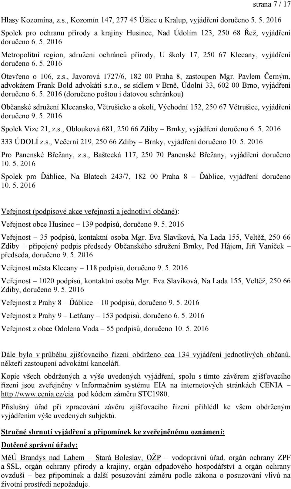 2016 (doručeno poštou i datovou schránkou) Občanské sdružení Klecansko, Větrušicko a okolí, Východní 152, 250 67 Větrušice, vyjádření doručeno 9. 5. 2016 Spolek Vize 21, z.s., Oblouková 681, 250 66 Zdiby Brnky, vyjádření doručeno 6.