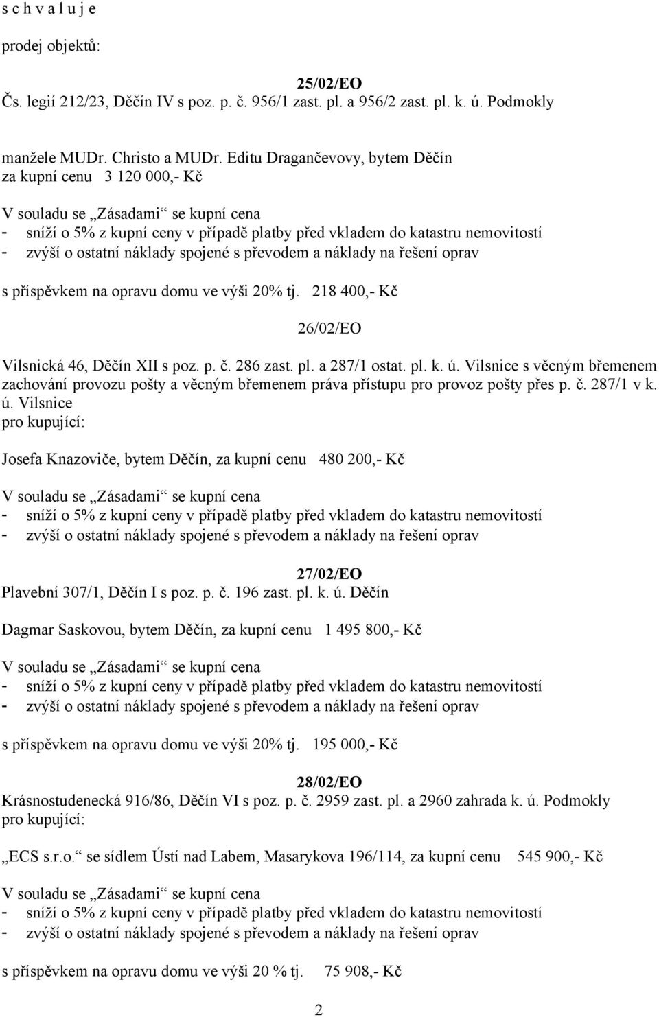 náklady spojené s převodem a náklady na řešení oprav s příspěvkem na opravu domu ve výši 20% tj. 218 400,- Kč 26/02/EO Vilsnická 46, Děčín XII s poz. p. č. 286 zast. pl. a 287/1 ostat. pl. k. ú.