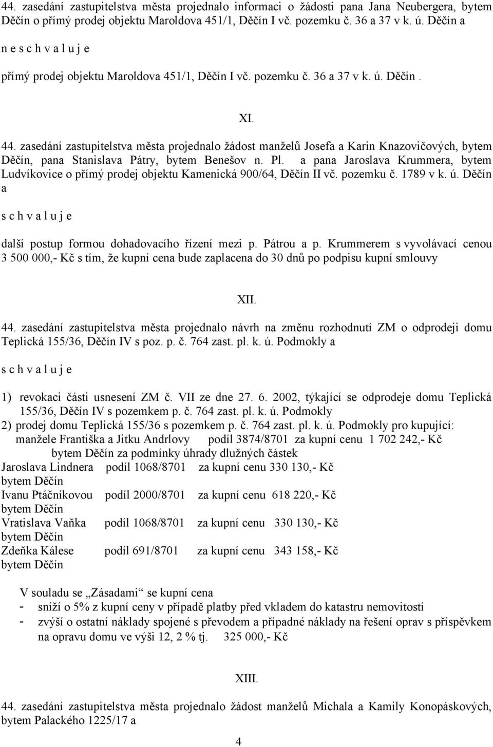 zasedání zastupitelstva města projednalo žádost manželů Josefa a Karin Knazovičových, bytem Děčín, pana Stanislava Pátry, bytem Benešov n. Pl.