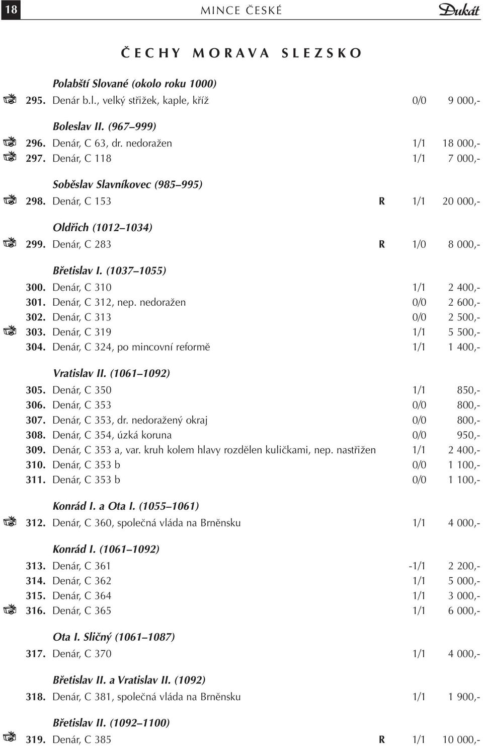 Denár, C 310 1/1 2 400,- 301. Denár, C 312, nep. nedoražen 0/0 2 600,- 302. Denár, C 313 0/0 2 500,- 303. Denár, C 319 1/1 5 500,- 304. Denár, C 324, po mincovní reformě 1/1 1 400,- Vratislav II.