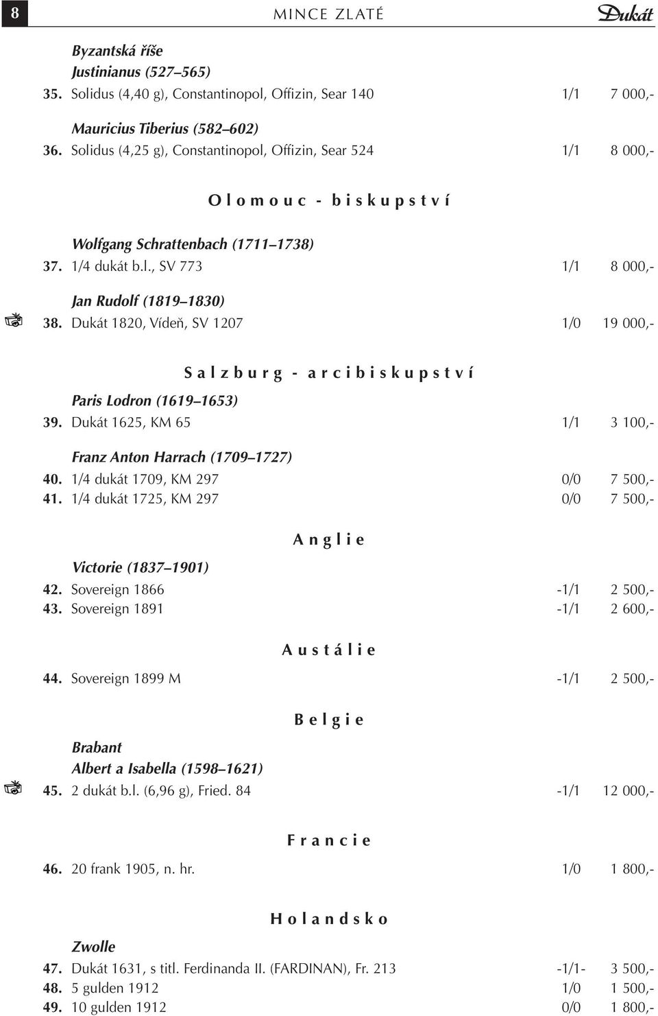 Dukát 1820, Vídeň, SV 1207 1/0 19 000,- Paris Lodron (1619 1653) S a l z b u r g - a r c i b i s k u p s t v í 39. Dukát 1625, KM 65 1/1 3 100,- Franz Anton Harrach (1709 1727) 40.