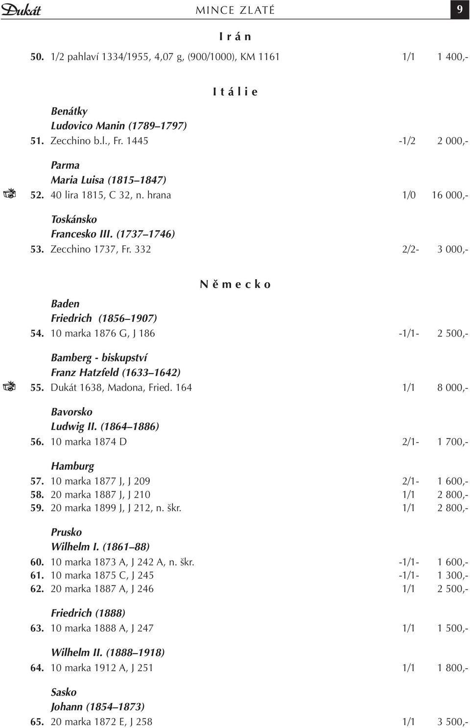 332 2/2-3 000,- N ě m e c k o Baden Friedrich (1856 1907) 54. 10 marka 1876 G, J 186-1/1-2 500,- Bamberg - biskupství Franz Hatzfeld (1633 1642) 55. Dukát 1638, Madona, Fried.
