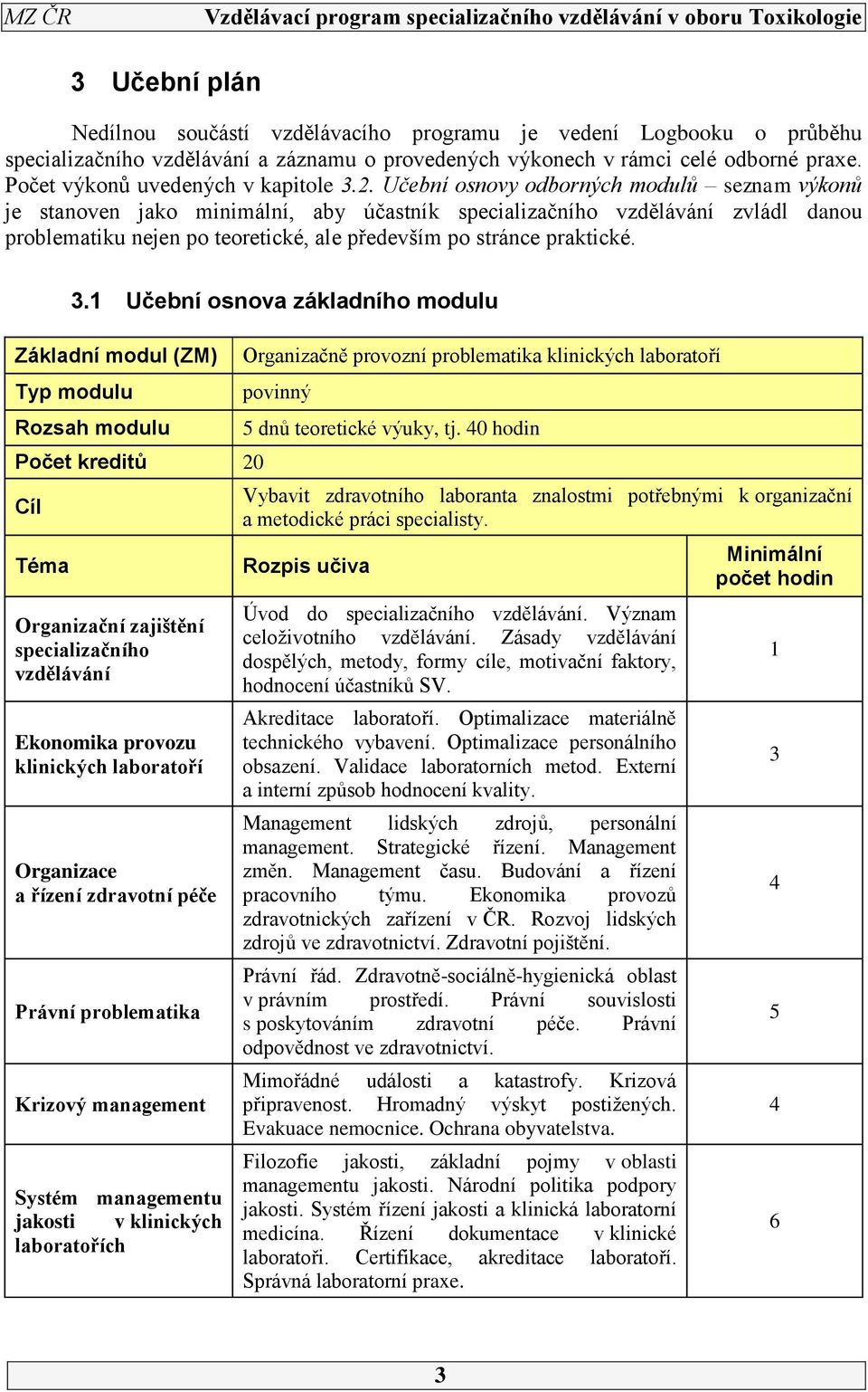 . Učební osnovy odborných modulů seznam výkonů je stanoven jako minimální, aby účastník specializačního vzdělávání zvládl danou problematiku nejen po teoretické, ale především po stránce praktické. 3.