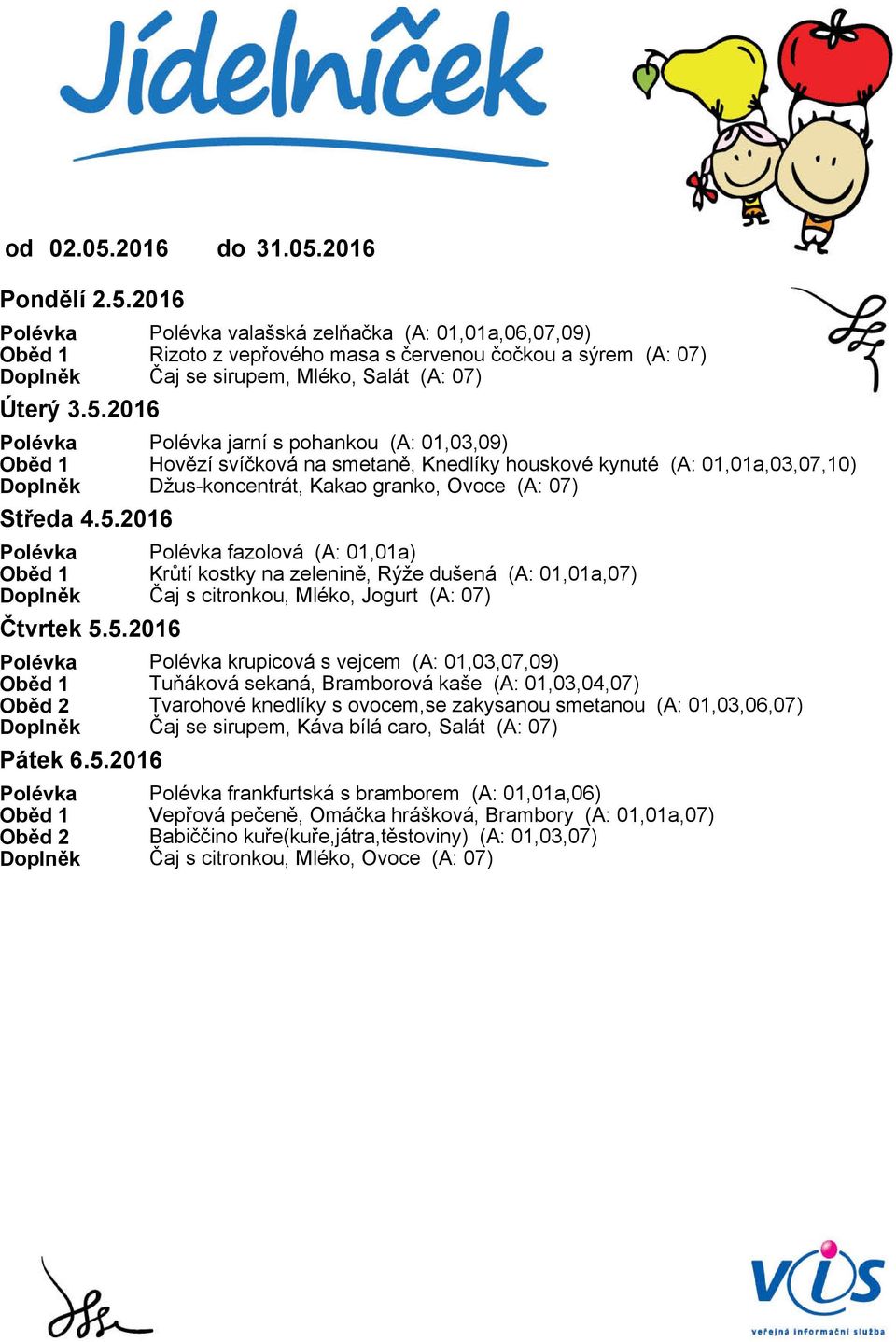 2016 Polévka Polévka jarní s pohankou (A: 01,03,09) Oběd 1 Hovězí svíčková na smetaně, Knedlíky houskové kynuté (A: 01,01a,03,07,10) Doplněk Džus-koncentrát, Kakao granko, Ovoce (A: 07) Středa 4.5.