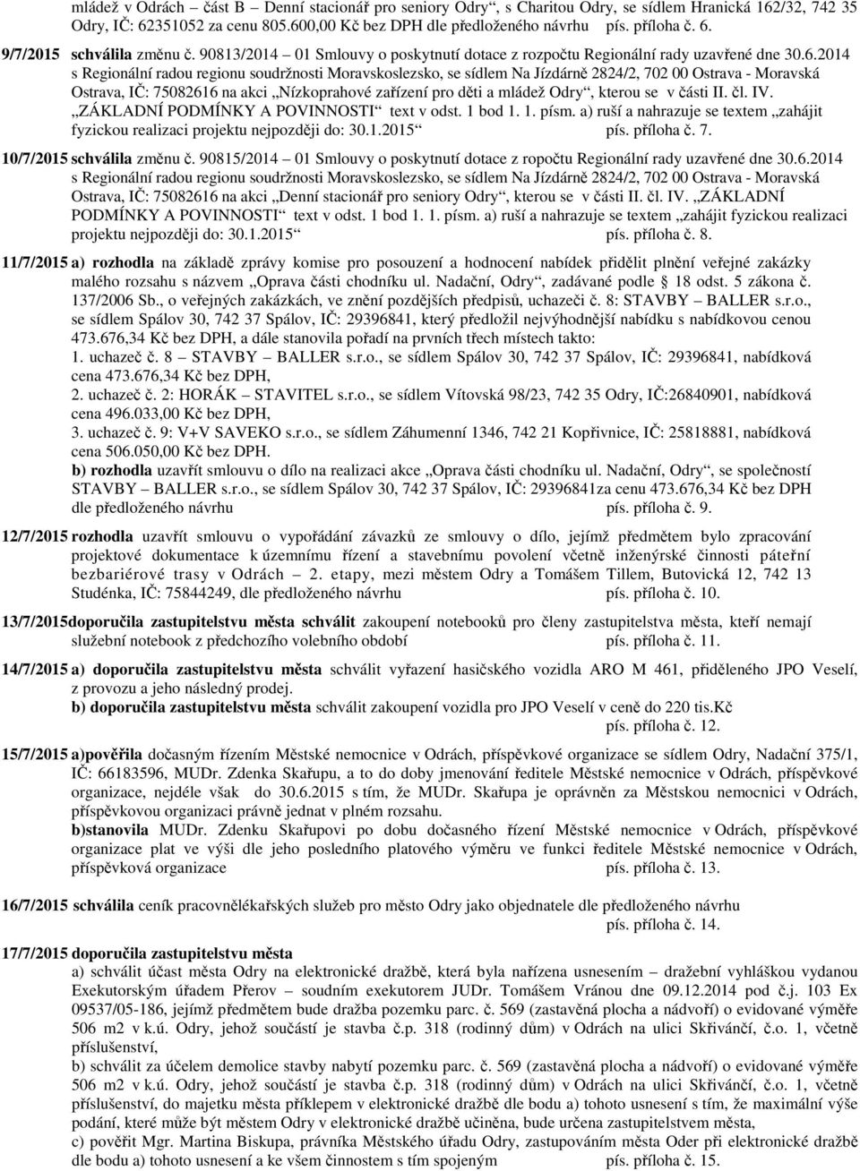 2014 s Regionální radou regionu soudržnosti Moravskoslezsko, se sídlem Na Jízdárně 2824/2, 702 00 Ostrava - Moravská Ostrava, IČ: 75082616 na akci Nízkoprahové zařízení pro děti a mládež Odry, kterou