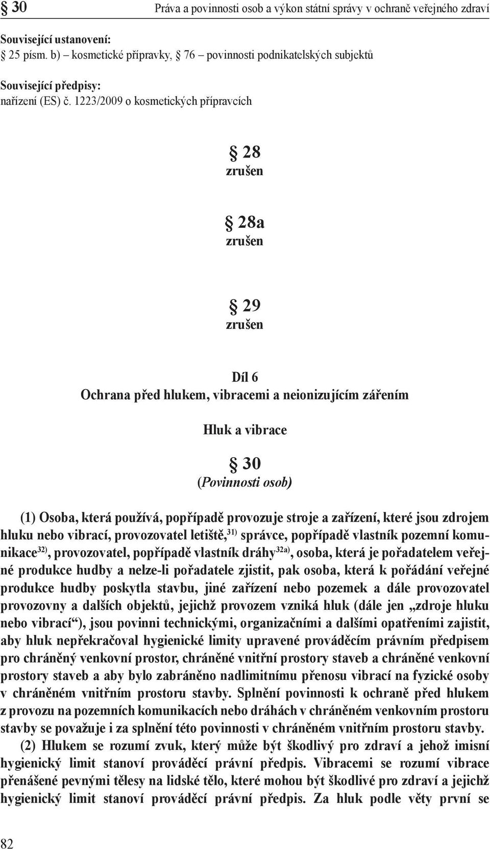 1223/2009 o kosmetických přípravcích 28 zrušen 28a zrušen 29 zrušen Díl 6 Ochrana před hlukem, vibracemi a neionizujícím zářením Hluk a vibrace 30 (Povinnosti osob) (1) Osoba, která používá,