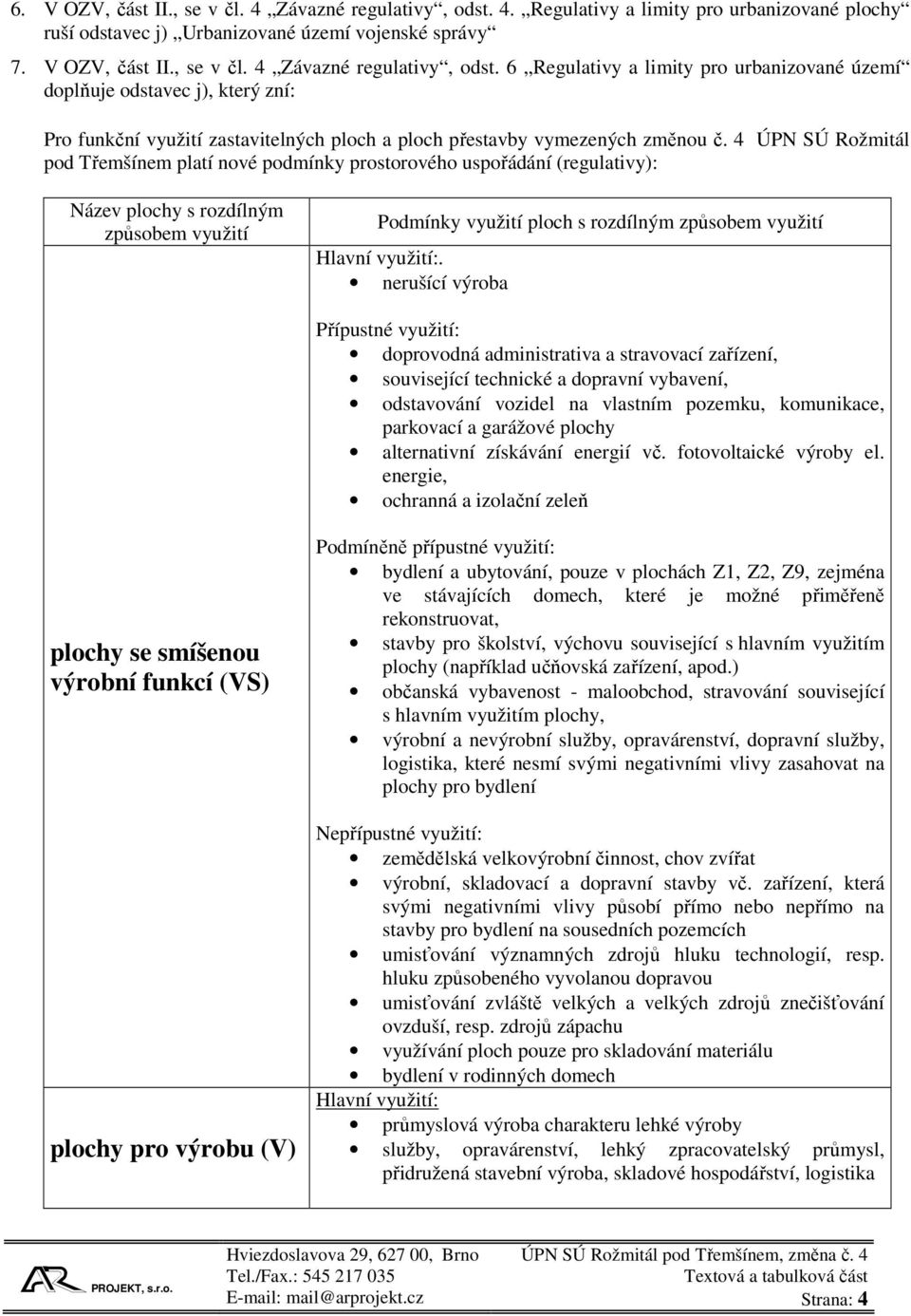 6 Regulativy a limity pro urbanizované území doplňuje odstavec j), který zní: Pro funkční využití zastavitelných ploch a ploch přestavby vymezených změnou č.