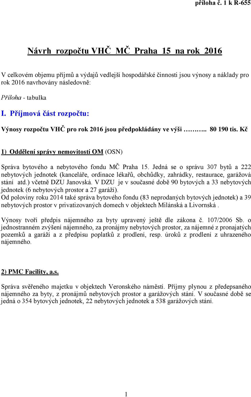 Příjmová část rozpočtu: Výnosy rozpočtu VHČ pro rok 2016 jsou předpokládány ve výši.. 80 190 tis. Kč 1) Oddělení správy nemovitostí OM (OSN) Správa bytového a nebytového fondu MČ Praha 15.