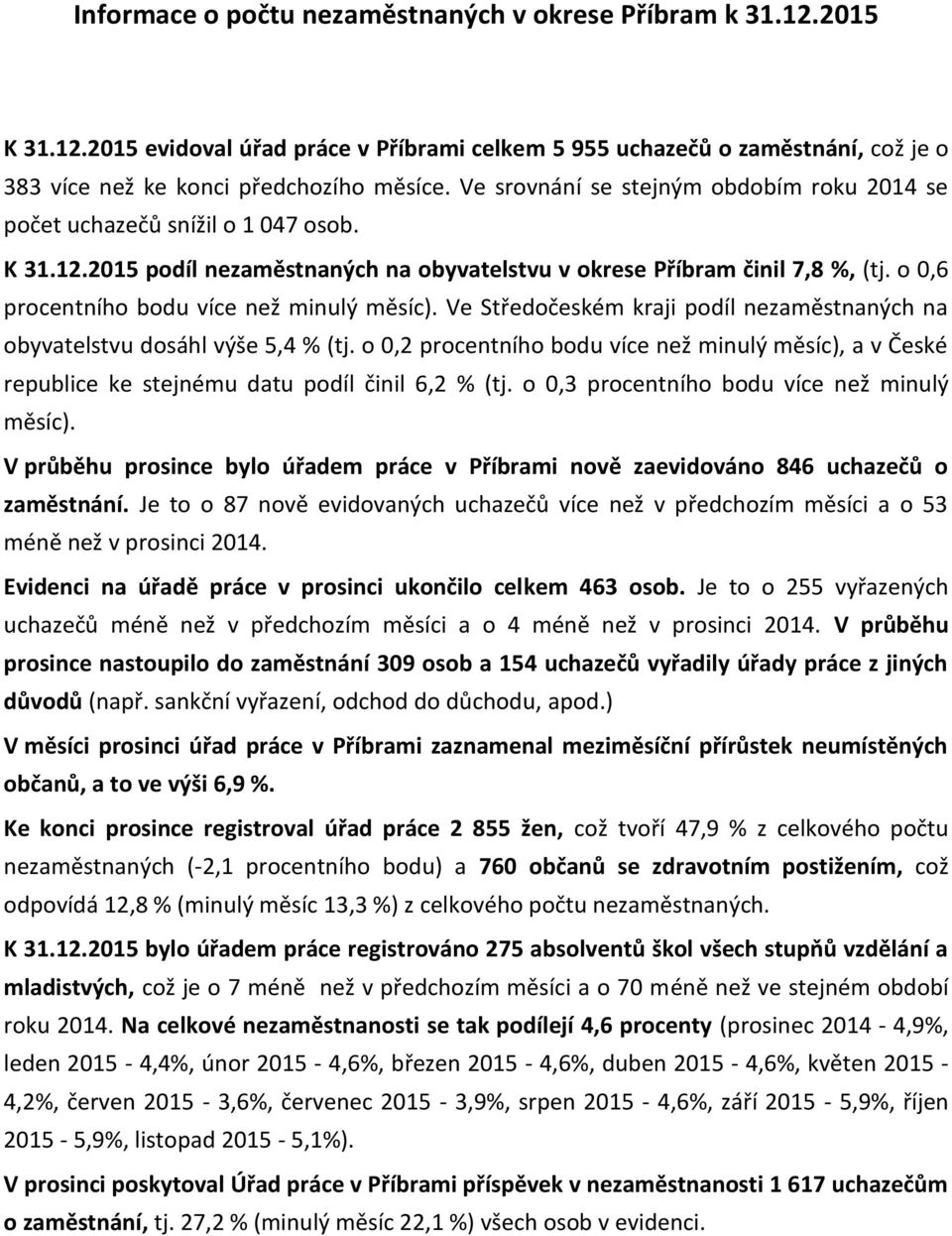 o 0,6 procentního bodu více než minulý měsíc). Ve Středočeském kraji podíl nezaměstnaných na obyvatelstvu dosáhl výše 5,4 % (tj.