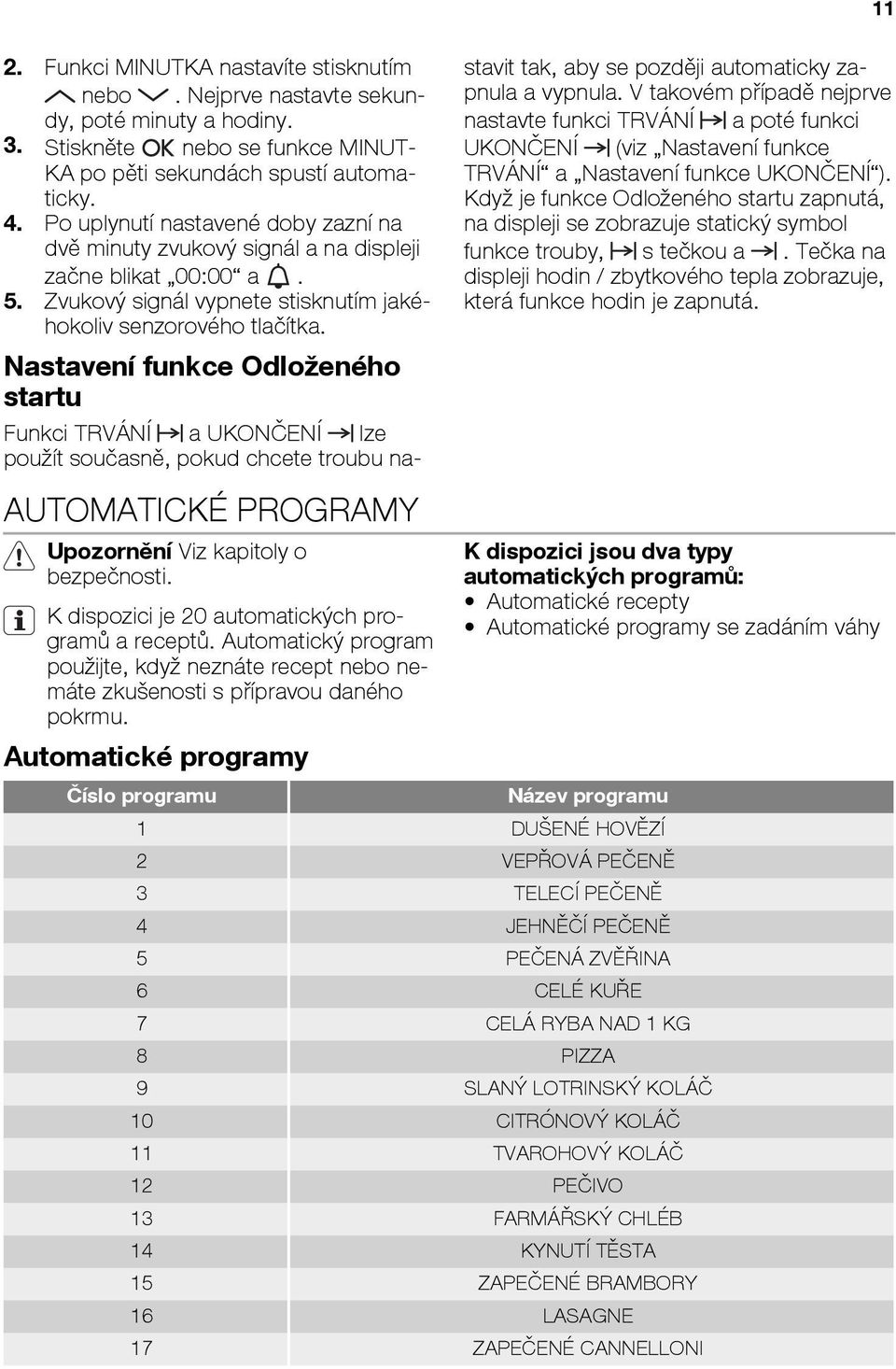 AUTOMATICKÉ PROGRAMY Upozornění Viz kapitoly o bezpečnosti. K dispozici je 20 automatických programů a receptů.