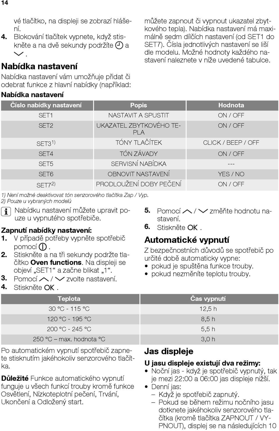 Nabídka nastavení má maximálně sedm dílčích nastavení (od SET1 do SET7). Čísla jednotlivých nastavení se liší dle modelu. Možné hodnoty každého nastavení naleznete v níže uvedené tabulce.