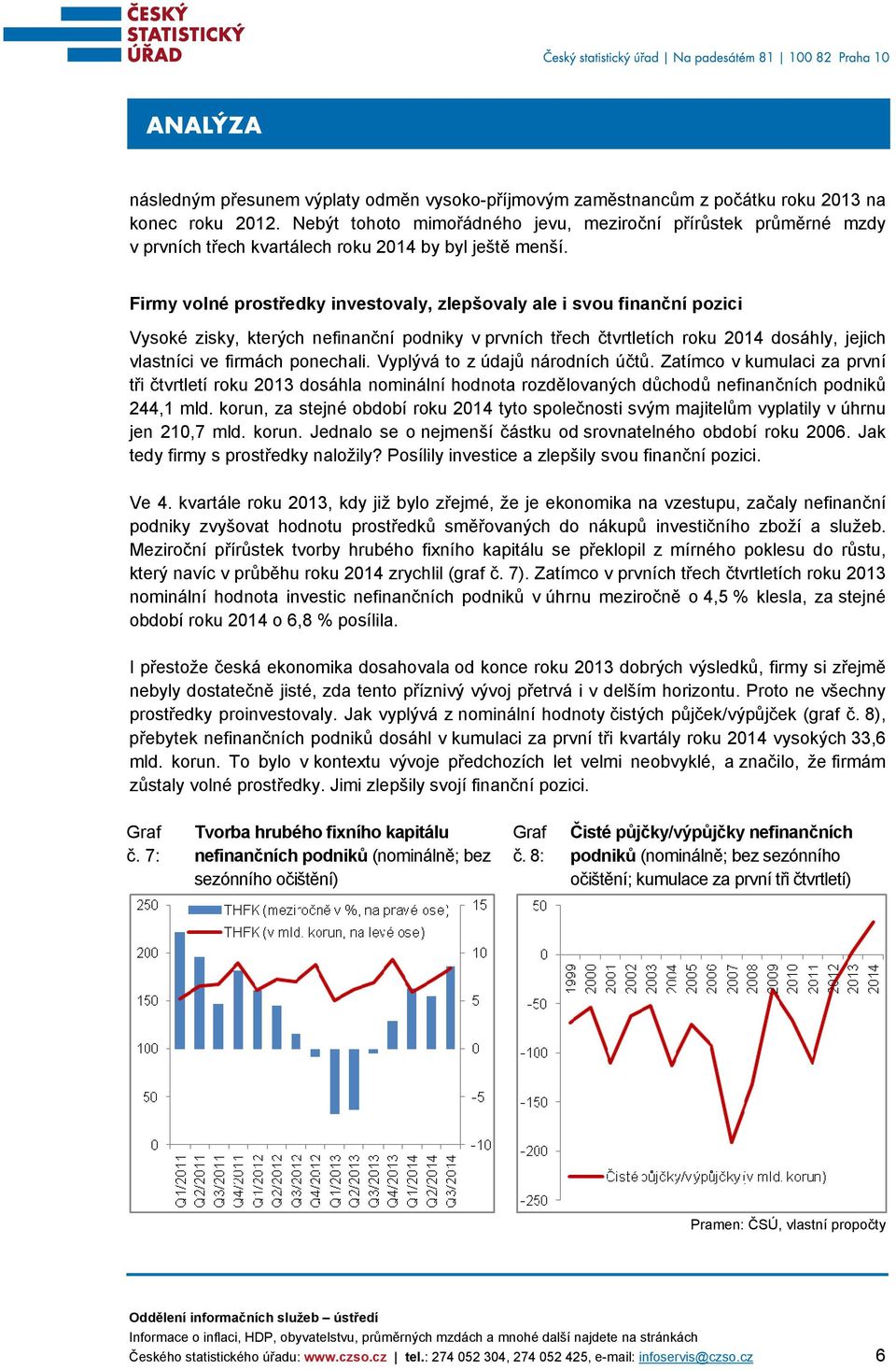 Firmy volné prostředky investovaly, zlepšovaly ale i svou finanční pozici Vysoké zisky, kterých nefinanční podniky v prvních třech čtvrtletích roku 2014 dosáhly, jejich vlastníci ve firmách ponechali.