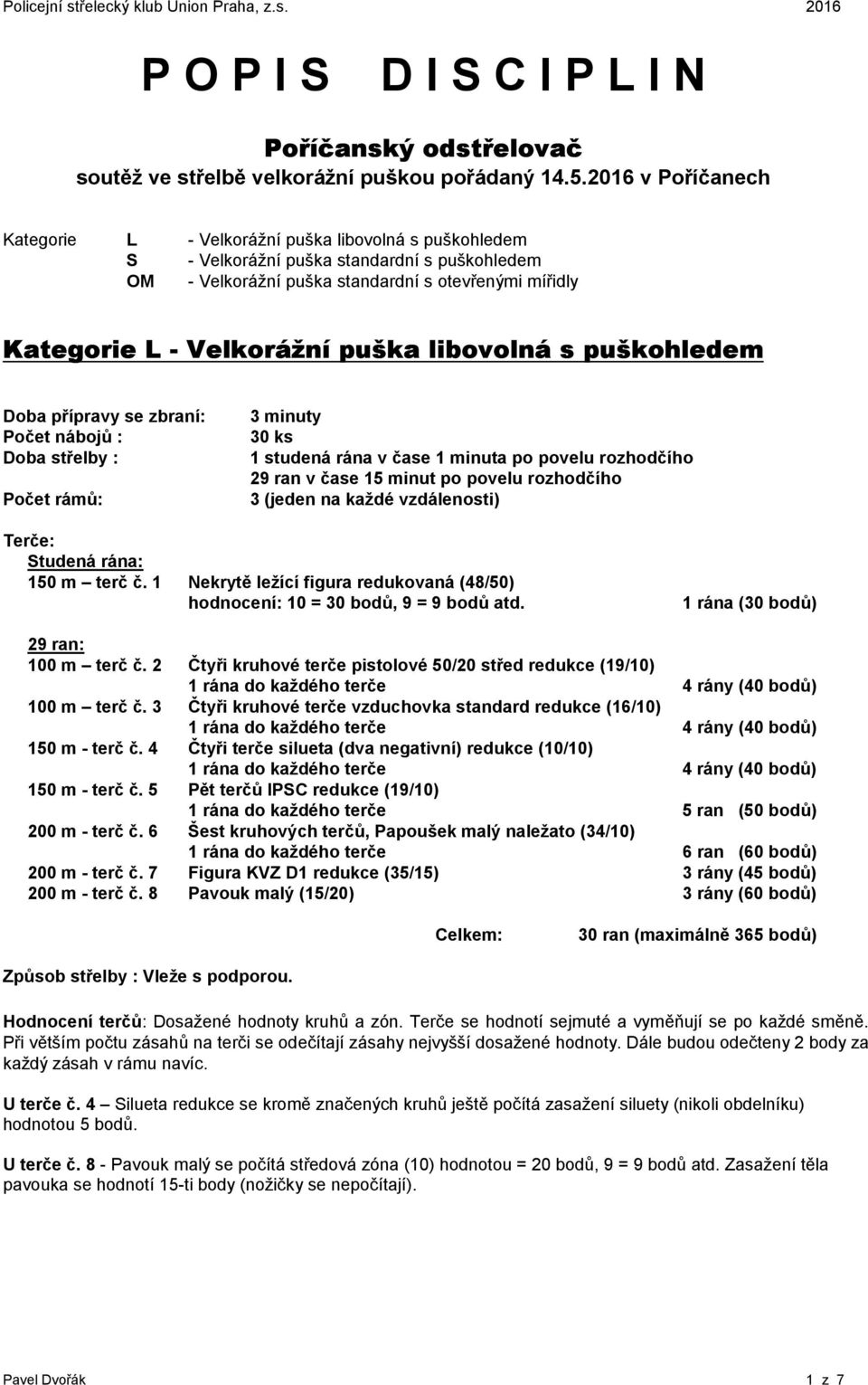 puška libovolná s puškohledem Doba přípravy se zbraní: Počet nábojů : Doba střelby : Počet rámů: 3 minuty 30 ks 1 studená rána v čase 1 minuta po povelu rozhodčího 29 ran v čase 15 minut po povelu