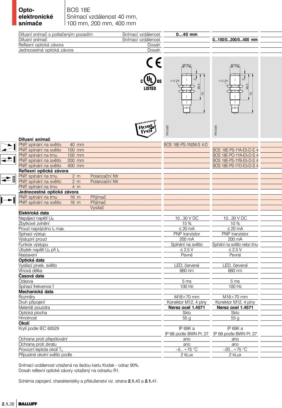 ..400 mm Difusní snímač PNP, spínání na světlo 40 mm PNP, spínání na světlo 100 mm PNP, spínání na tmu 100 mm PNP, spínání na světlo 200 mm PNP, spínání na světlo 400 mm Reflexní optická závora PNP,