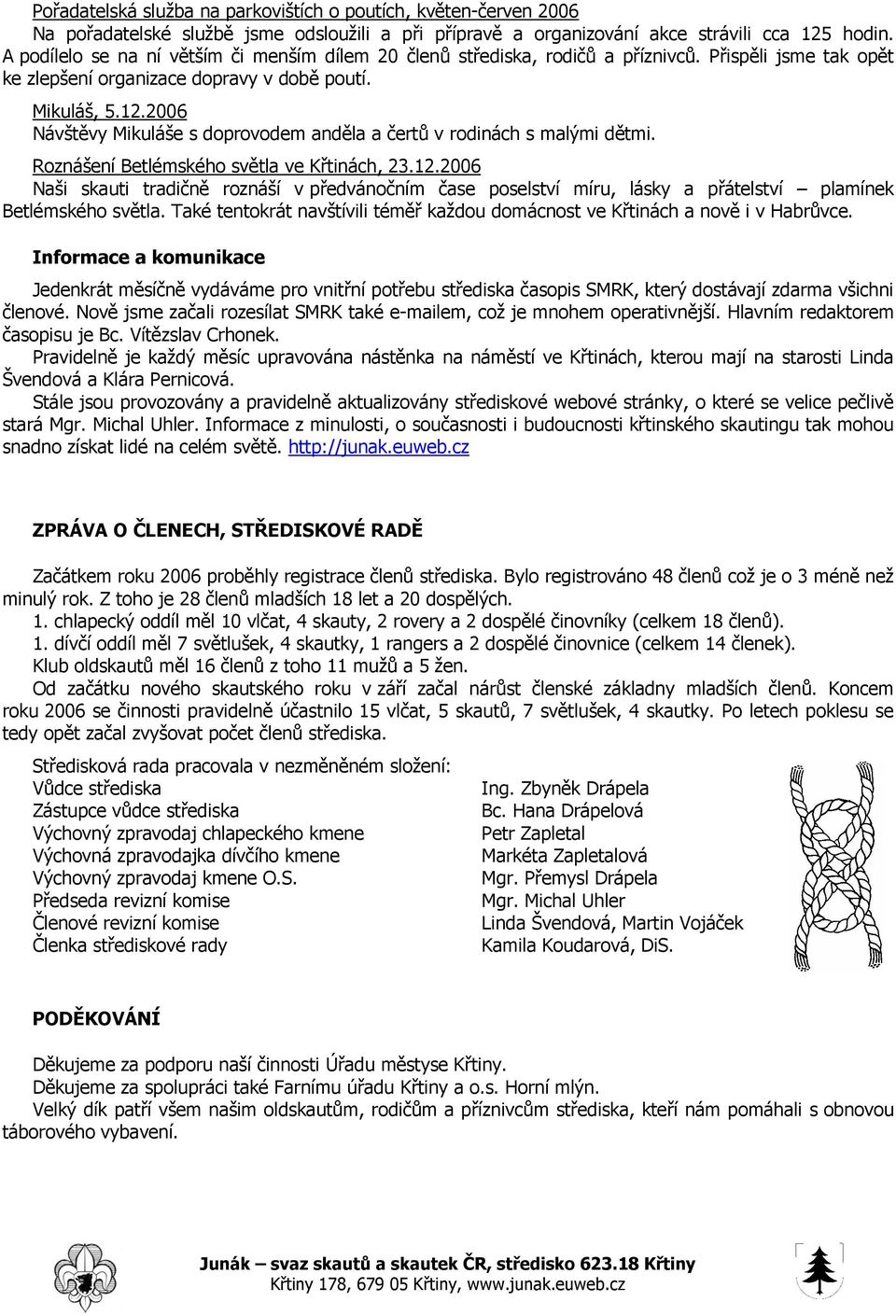 2006 Návštěvy Mikuláše s doprovodem anděla a čertů v rodinách s malými dětmi. Roznášení Betlémského světla ve Křtinách, 23.12.