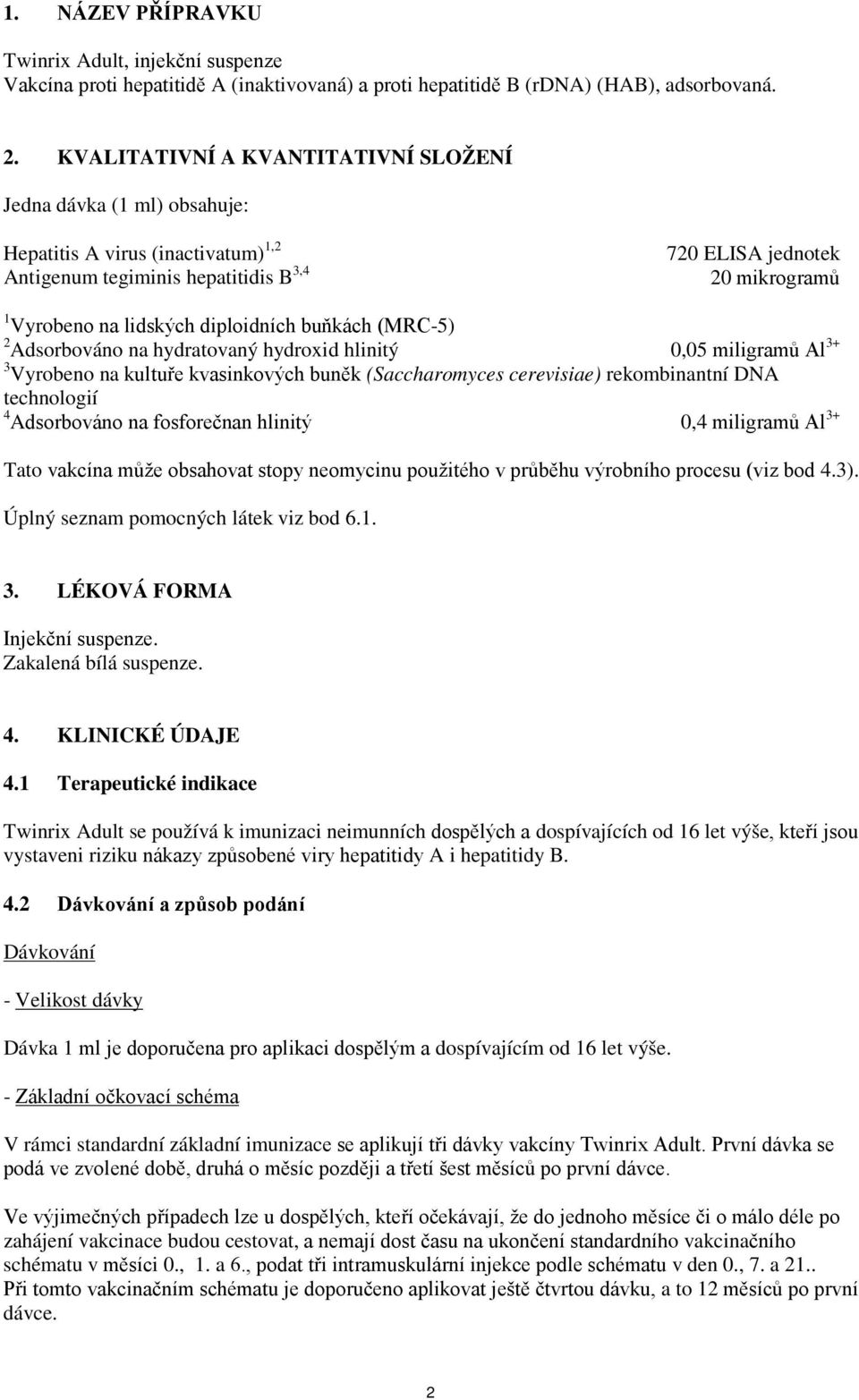 diploidních buňkách (MRC-5) 2 Adsorbováno na hydratovaný hydroxid hlinitý 0,05 miligramů Al 3+ 3 Vyrobeno na kultuře kvasinkových buněk (Saccharomyces cerevisiae) rekombinantní DNA technologií 4