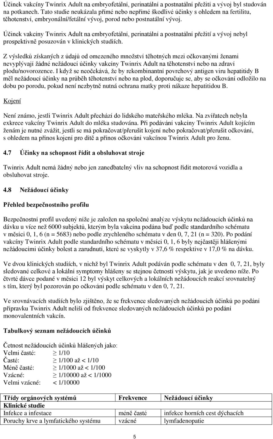 Účinek vakcíny Twinrix Adult na embryofetální, perinatální a postnatální přežití a vývoj nebyl prospektivně posuzován v klinických studiích.