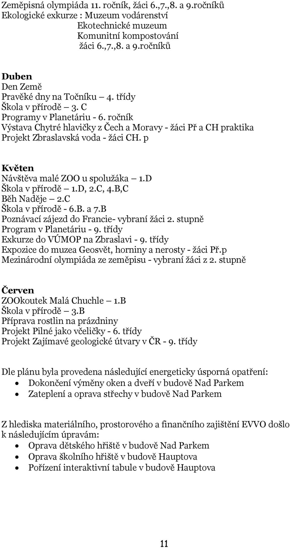 p Květen Návštěva malé ZOO u spoluţáka 1.D Škola v přírodě 1.D, 2.C, 4.B,C Běh Naděje 2.C Škola v přírodě - 6.B. a 7.B Poznávací zájezd do Francie- vybraní ţáci 2. stupně Program v Planetáriu - 9.