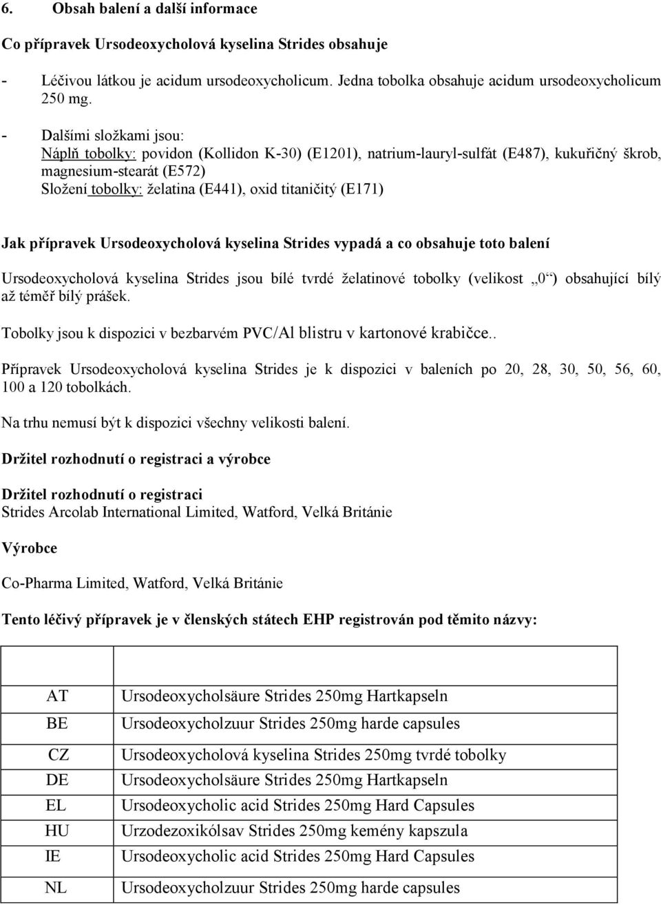 (E171) Jak přípravek Ursodeoxycholová kyselina Strides vypadá a co obsahuje toto balení Ursodeoxycholová kyselina Strides jsou bílé tvrdé želatinové tobolky (velikost 0 ) obsahující bílý až téměř