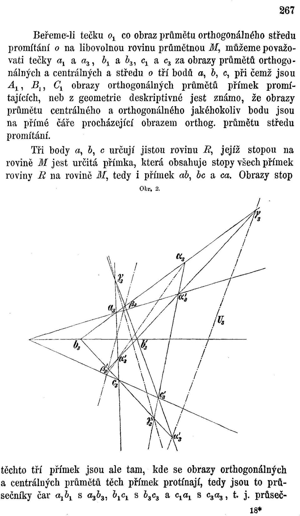 promítajících, neb z geometrie deskriptivné jest známo, že obrazy průmětu centrálného a orthogonálného jakéhokoliv bodu jsou na přímé čáře procházející obrazem orthog. průmětu středu promítání.