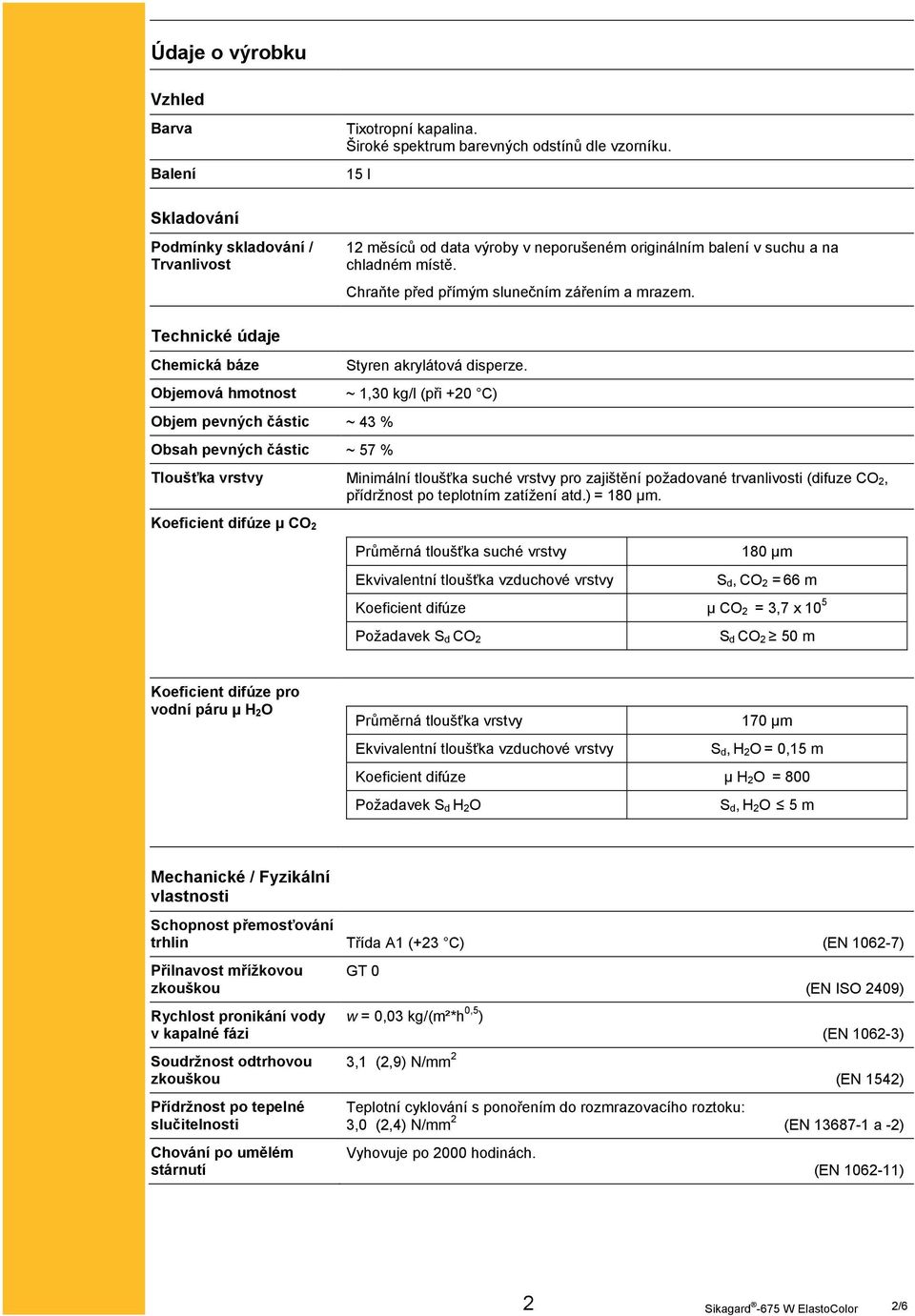 Technické údaje Chemická báze Objemová hmotnost Objem pevných částic ~ 43 % Obsah pevných částic ~ 57 % Styren akrylátová disperze.