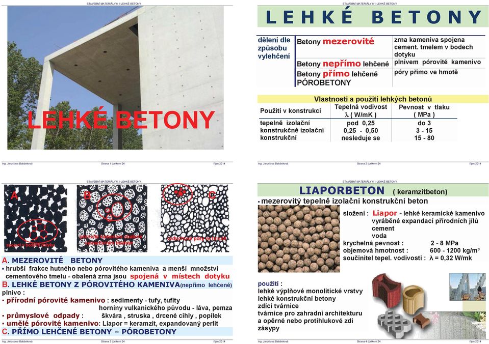 izolaþní konstrukþní C B Pevnost v tlaku ( MPa ) do 3 3-15 15-80 Strana 2 (celkem 24 A Tepelná vodivost λ ( W/mK ) pod 0,25 0,25-0,50 nesleduje se /,$325%(721 ƒ mezerovitý ( keramzitbeton) tepelnč