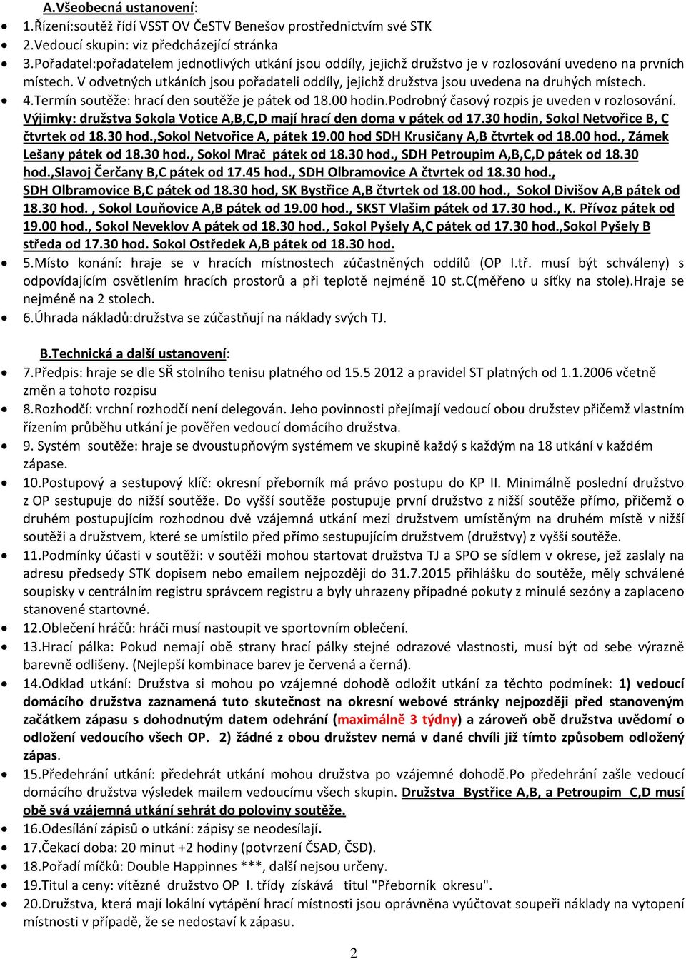 V odvetných utkáních jsou pořadateli oddíly, jejichž družstva jsou uvedena na druhých místech. 4.Termín soutěže: hrací den soutěže je pátek od 18.00 hodin.