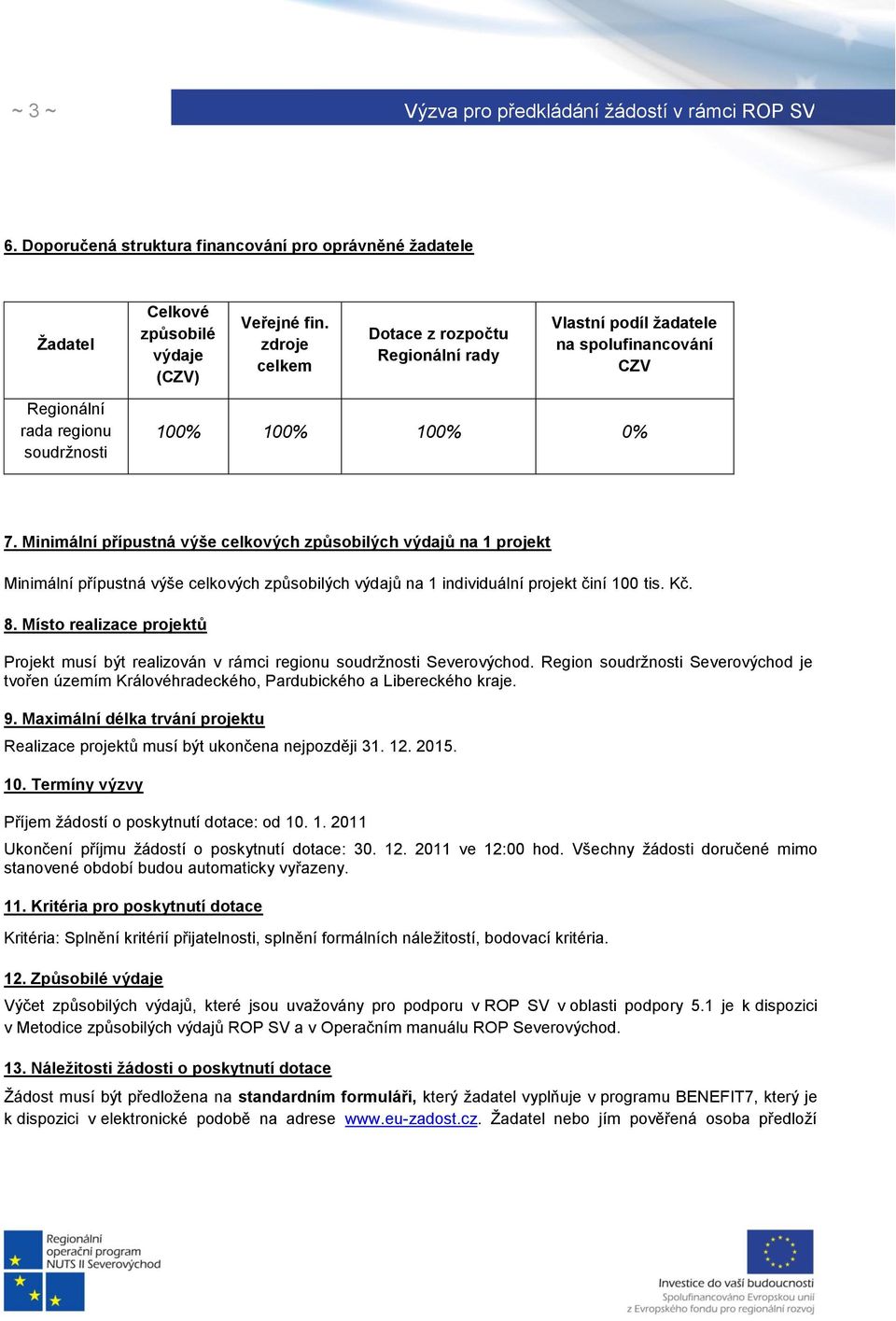 Minimální přípustná výše celkových způsobilých výdajů na 1 projekt Minimální přípustná výše celkových způsobilých výdajů na 1 individuální projekt činí 100 tis. Kč. 8.