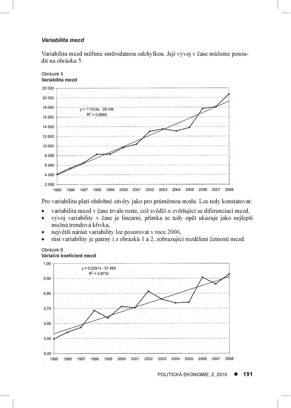 Lze tedy konstatovat: variabilita mezd v čase trvale roste, což svědčí o zvětšující se diferenciaci mezd, vývoj variability v čase je lineární, přímka se