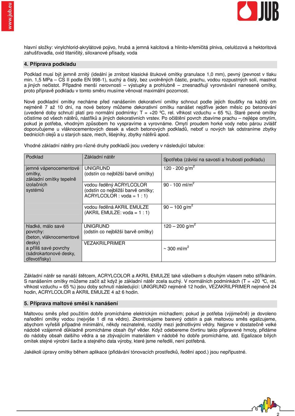 1,5 MPa CS II podle EN 998-1), suchý a čistý, bez uvolněných částic, prachu, vodou rozpustných solí, mastnot a jiných nečistot.