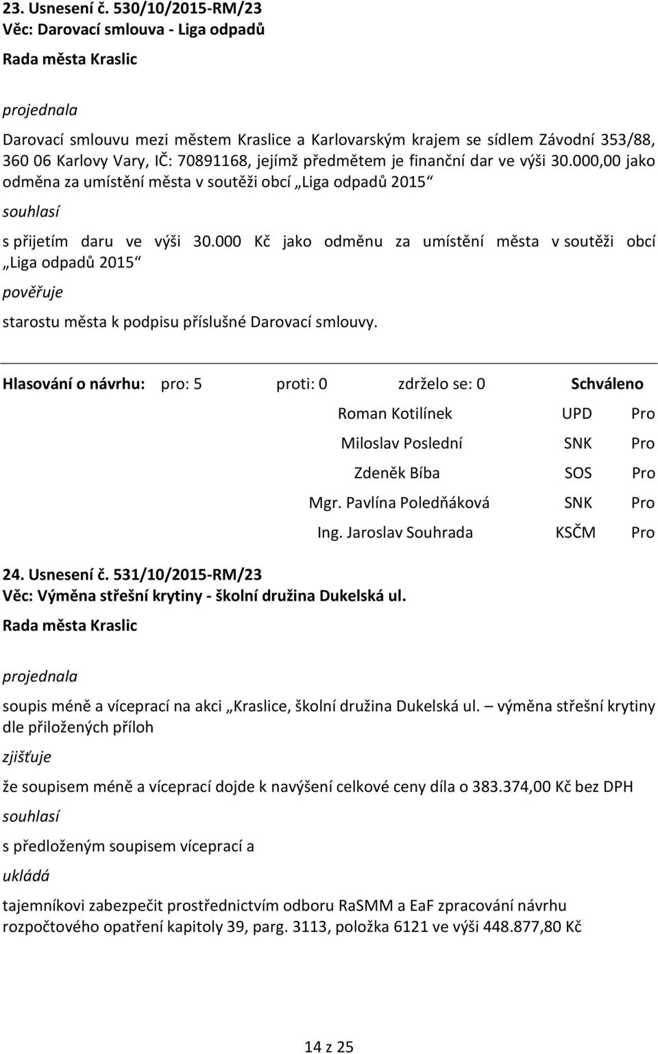 finanční dar ve výši 30.000,00 jako odměna za umístění města v soutěži obcí Liga odpadů 2015 s přijetím daru ve výši 30.