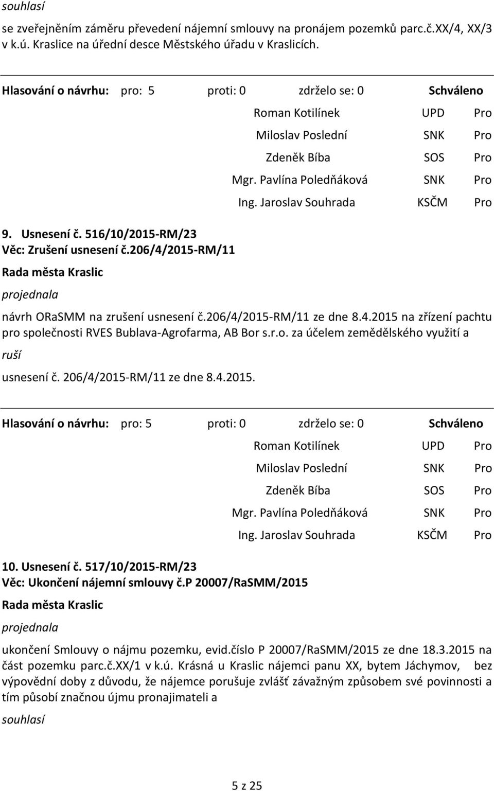 206/4/2015-RM/11 ze dne 8.4.2015. 10. Usnesení č. 517/10/2015-RM/23 Věc: Ukončení nájemní smlouvy č.p 20007/RaSMM/2015 ukončení Smlouvy o nájmu pozemku, evid.číslo P 20007/RaSMM/2015 ze dne 18.3.2015 na část pozemku parc.