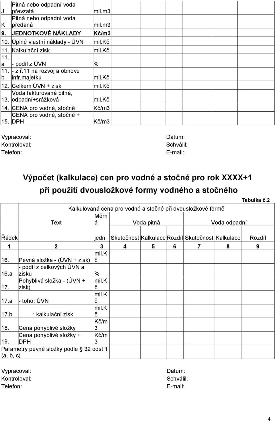 DPH Kč/m3 Vypracoval: Kontroloval: Telefon: Datum: Schválil: E-mail: Výpočet (kalkulace) cen pro vodné a stočné pro rok XXXX+1 při použití dvousložkové formy vodného a stočného Text Kalkulovaná cena