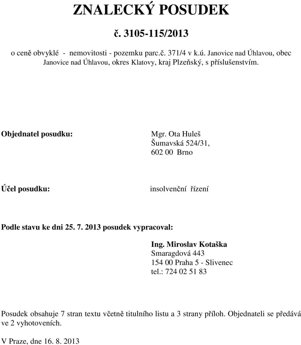 Ota Huleš Šumavská 524/31, 602 00 Brno Účel posudku: insolvenční řízení Podle stavu ke dni 25. 7. 2013 posudek vypracoval: Ing.