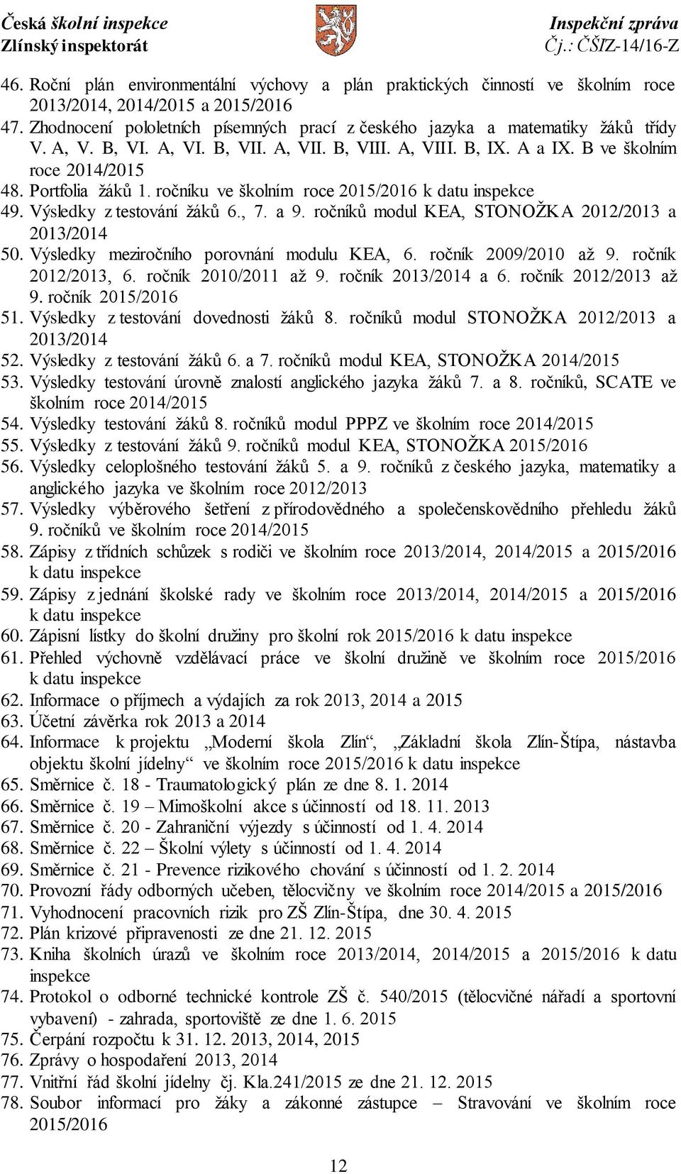 Portfolia žáků 1. ročníku ve školním roce 2015/2016 k datu inspekce 49. Výsledky z testování žáků 6., 7. a 9. ročníků modul KEA, STONOŽKA 2012/2013 a 2013/2014 50.