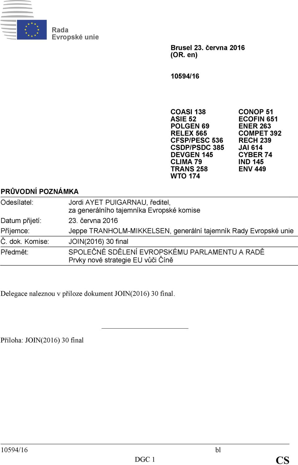 565 COMPET 392 CFSP/PESC 536 RECH 239 CSDP/PSDC 385 JAI 614 DEVGEN 145 CYBER 74 CLIMA 79 IND 145 TRANS 258 ENV 449 WTO 174 Jeppe TRANHOLM-MIKKELSEN, generální tajemník